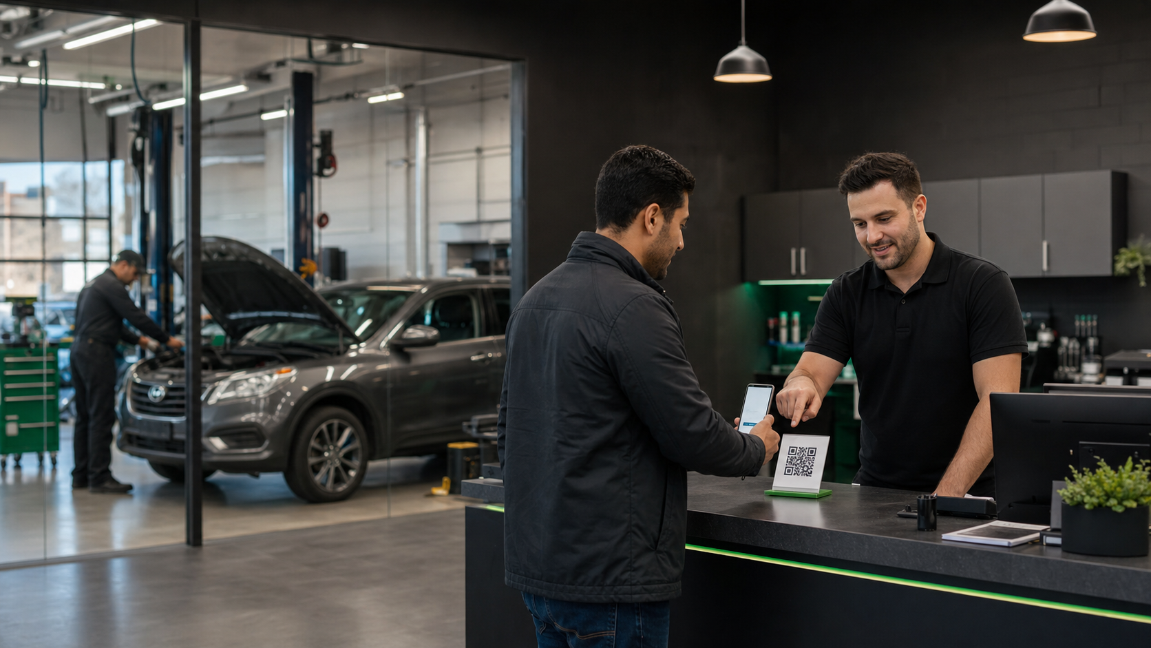 Driver scanning a QR code at an auto service counter