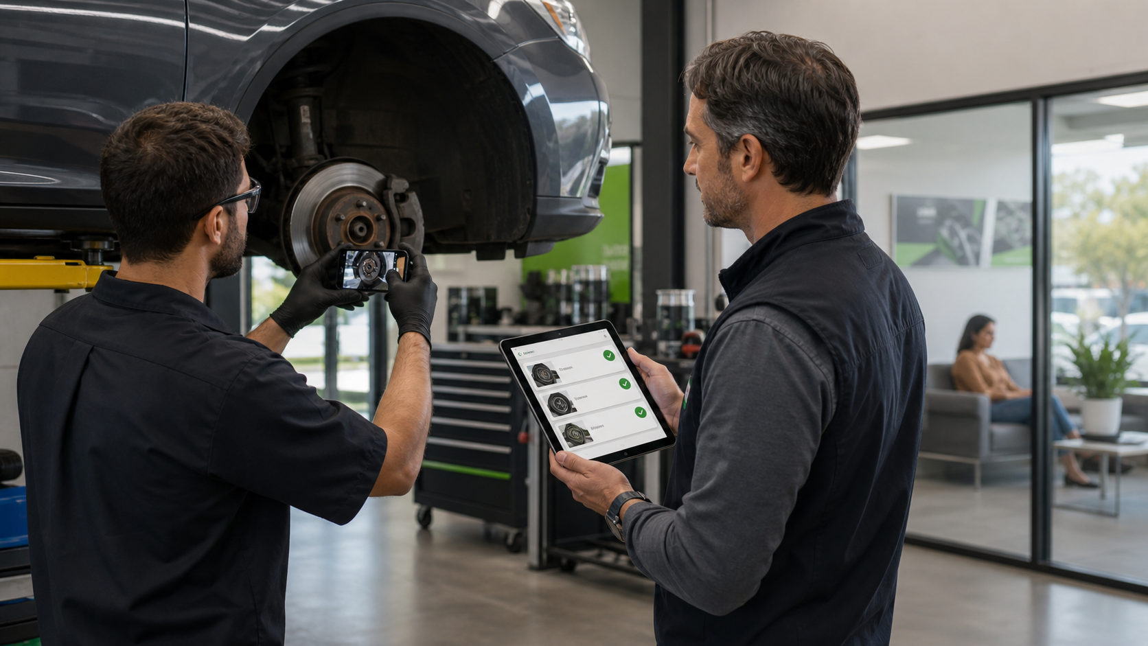 Mechanic documenting a brake inspection with a smartphone